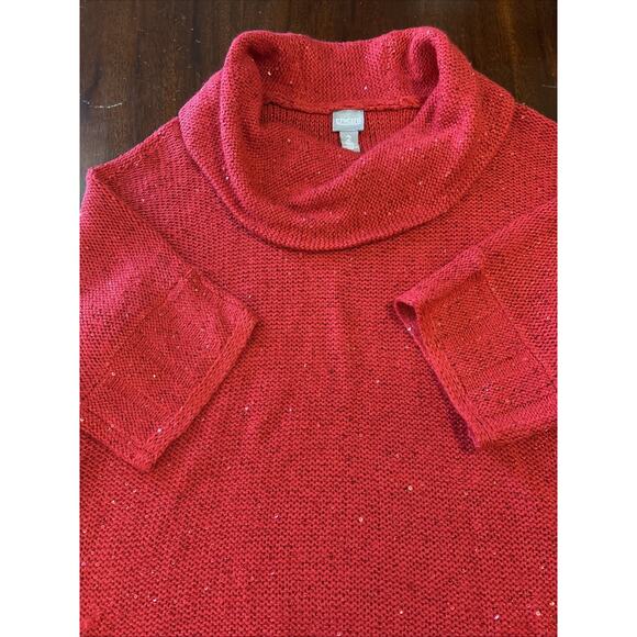Chico's Red Sequin Sweater Size 2/Large Cowl Neck Shimmer 3/4 Sleeve Holiday - Picture 7 of 8